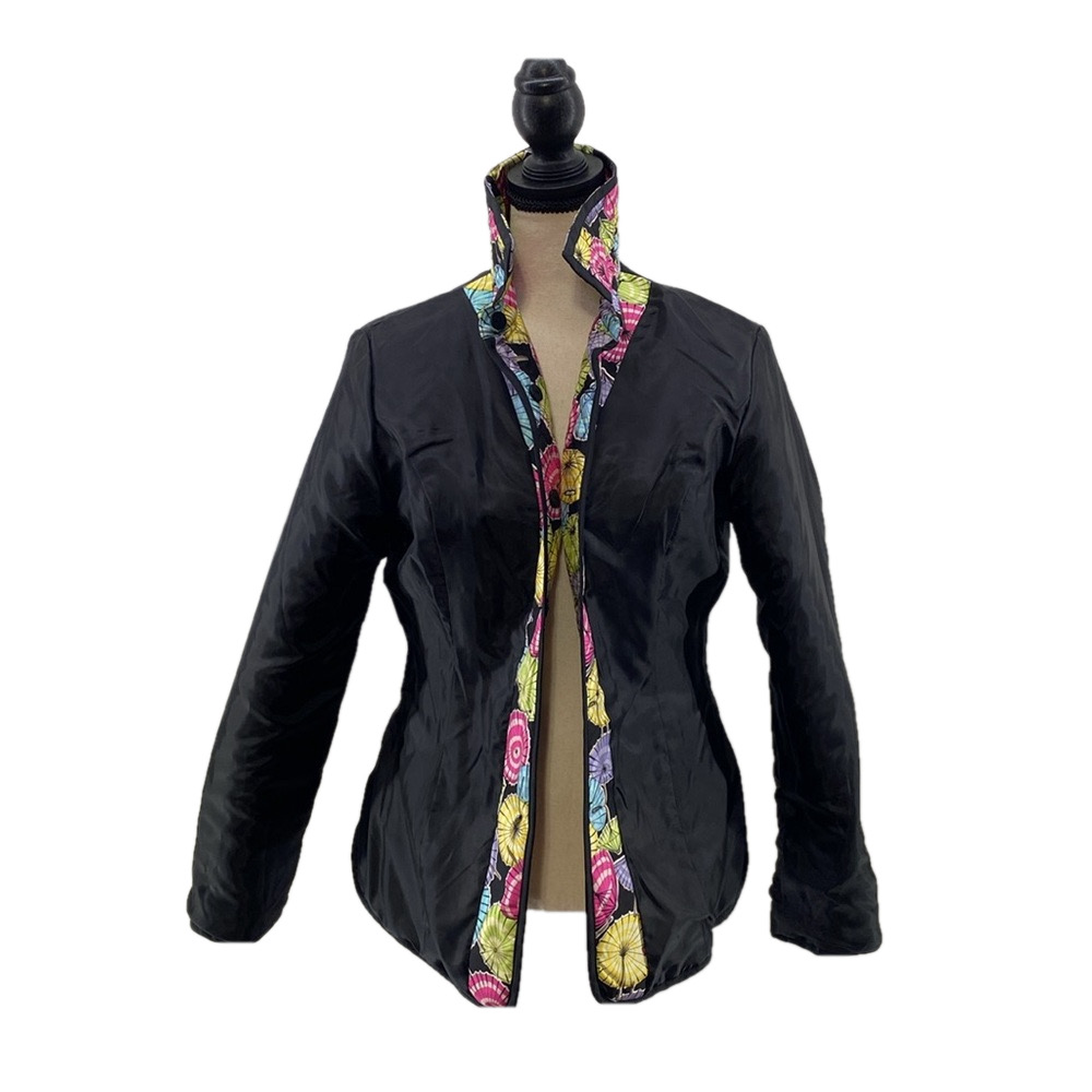 VTG—SILKLAND—Umbrella Print Silk Quilted Beaded Lined Button Up Jacket—Sz Small - Picture 7 of 16
